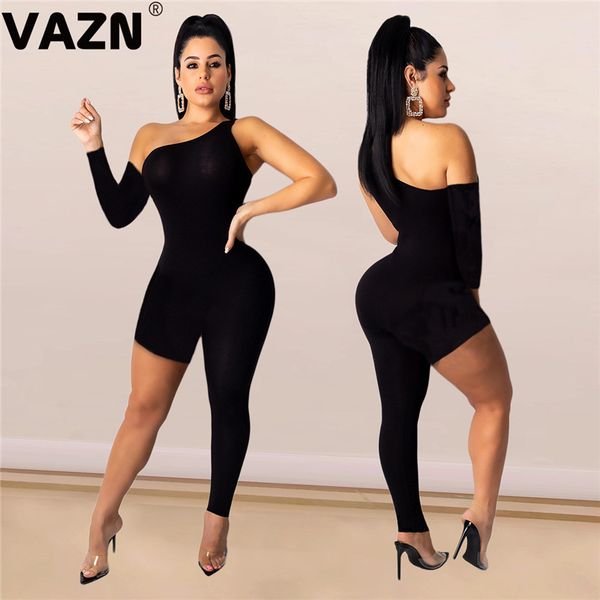 

vazn new listing 2020 elastic skinny fashion mujer jumpsuits long sleeve one shoulder rompers jazz singer dancer stage costumes, Black;white