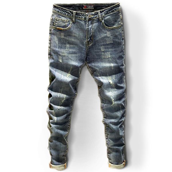 

blue scratched jeans men's slim fit stretch pencil pants fashion korean style