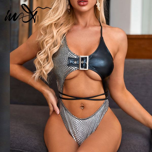 

in-x silver snake print swimsuit one piece string monokini backless bikini 2020 hollow out swimwear women bathing suit new, White;black