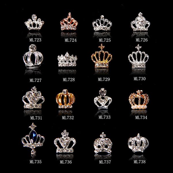 

10pcs/lot 16design 10pcs 3d diy alloy nail art crown stickers charm slices uv gel acrylic decor ml723-738, Silver;gold