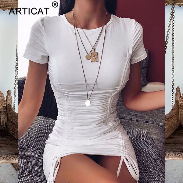 

articat white ruched pleated bodycon dress women drawstring short sleeve mini party dress solid basic skinny casual short, Black;gray