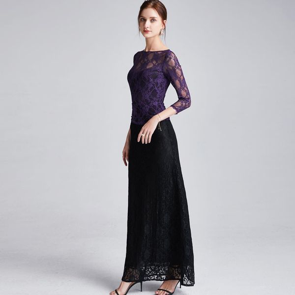 

women's runway dresses o neck 3/4 sleeves embroidery lace color block fashion long party prom dresses, Black