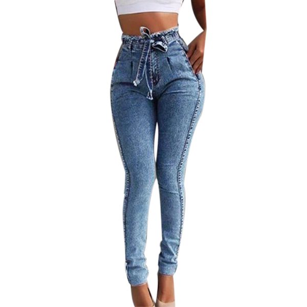 

2019 autumn high waist jeans women slim stretch denim jean bodycon tassel belt bandage skinny push up jeans with pockets, Blue
