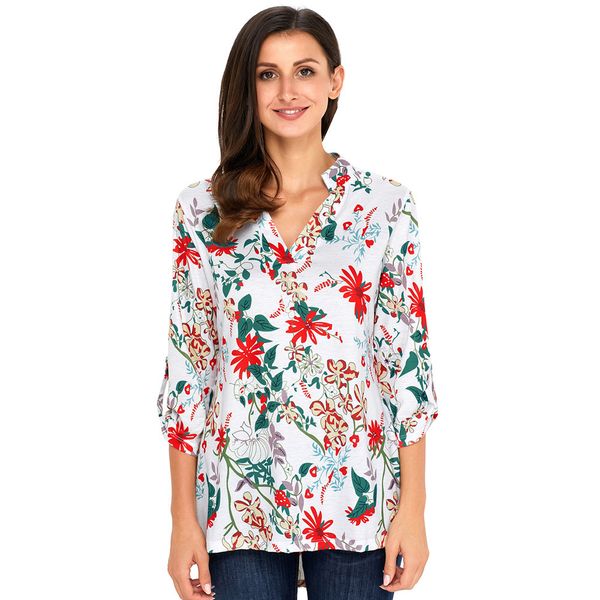 

plus size floral print 3/4 sleeve t shirt women autumn 2018 v neck tunic loose blusas big size, White