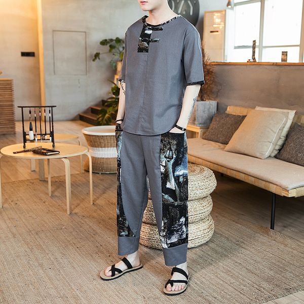 

2019 summer men's casual set floral shirt beach pants print shirts trousers two piece suit plus size 5xl mens clothes, Gray