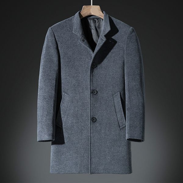 

male long sleeve casual thick windbreaker long grey blend coat plus size mens overcoat winter outerwear wool jacket, Black