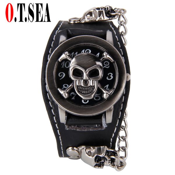 

o.t.sea brand smile skull leather watches men luxury sports quartz watch relogio masculino 1831-9, Slivery;brown