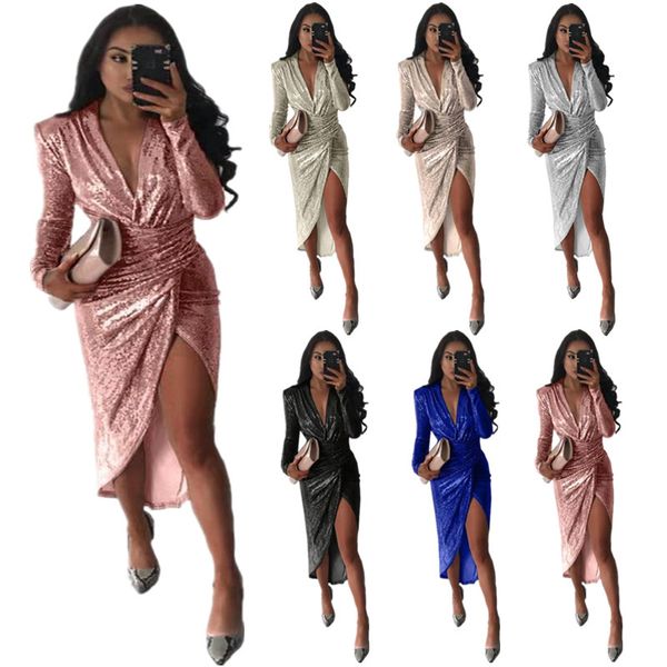 

womens designer dress deep v-neck dinner temperament long sleeve sparkling split pleated dress, Black;gray