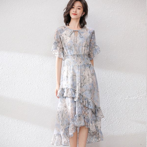 

french printed dress 2020 summer lotus leaf slim gold printing light irregular short sleeve long skirt, Black;gray