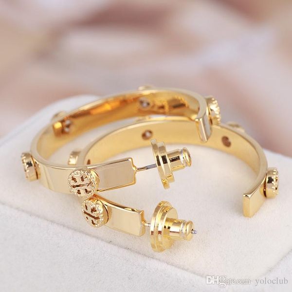 

european and american luxuries branded new fashion hollow hoop charm pearls studs earring copper t letter earrings wholesale, Golden