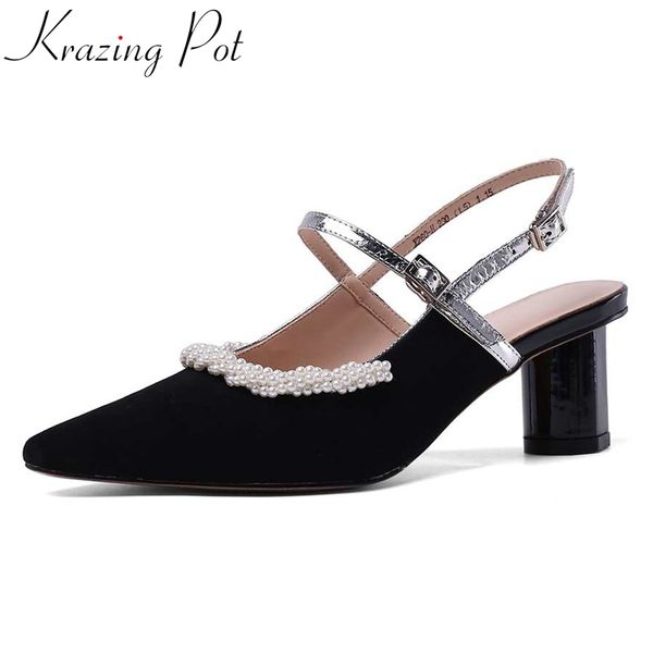 

krazing pot sheep suede small square toe high heels pearl decorations elegant lady buckle strap sweet summer sandals women l61, Black