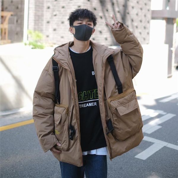 

men streetwear winter jacket 2020 man big pockets ribbons hooded puffer jackets coats male harajuku thick hip hop parka, Black