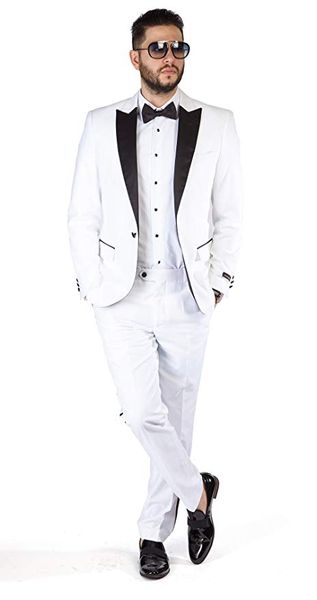 Новое прибытие Groomsmen Белого Groom Tuxedos Пик черный отворот Мужские костюмы Свадебные Шафер Жених Blazer (куртка + брюки + галстук) L258