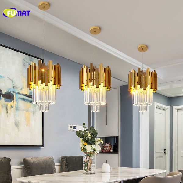 Fumat Modern Gold Small Round Crystal Chandelier Lighting Dining Room Bedroom Chandeliers Light Fixtures Kitchen Island Lustre New Pendant Light Bulbs