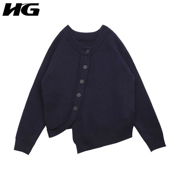 

hg] asymmetrical female korea fashion sweater spring new full sleeve o-neck solid color single breasted knitted sweater zll3082, White;black