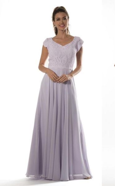 Lilás longo modesto vestidos de dama de honra com mangas boné querida renda corpete chiffon a linha templo damas de honra vestidos novos feitos sob encomenda