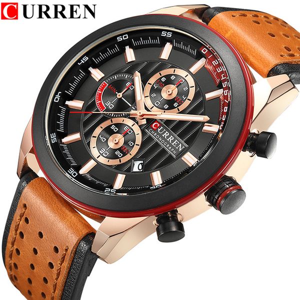 

relogio masculino curren sport men watches leather strap casual chronograph quartz wristwatches date male clock, Slivery;brown