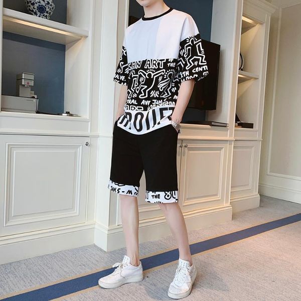 

t shirt sets men summer casual loose short sleeves + shorts two-piece set homme trend funny streetwear man dress, Gray