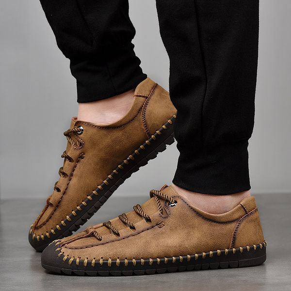

big size 2019 spring genuine leather men's shoes lace-up man outdoor casual shoes thick bottom stitch non-slip male, Black