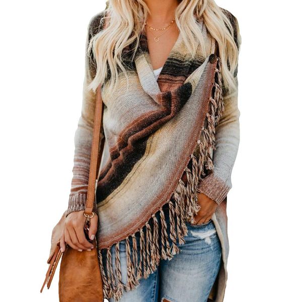 

fashion women striped tassel cape shawl long sleeve cardigan knit coat outwear new, White;black