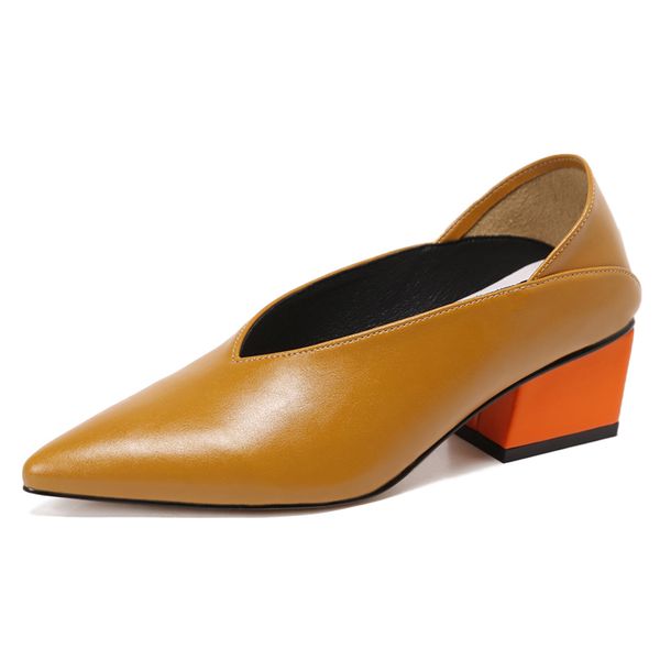 

xgravity vintage genuine leather chunky mix color mid-heeled women shoes pointed toe dress v design retro female shoes c25, Black