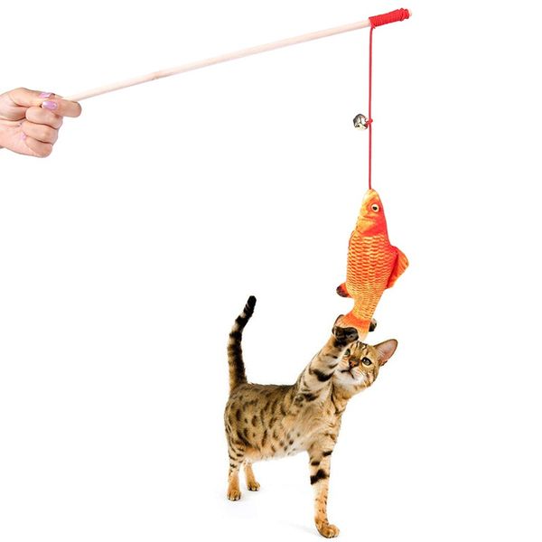

wood tease rod cat sticks plush stuffed artificial fish pet cats toy kitten catnip bell teaser interactive funning trainning toy