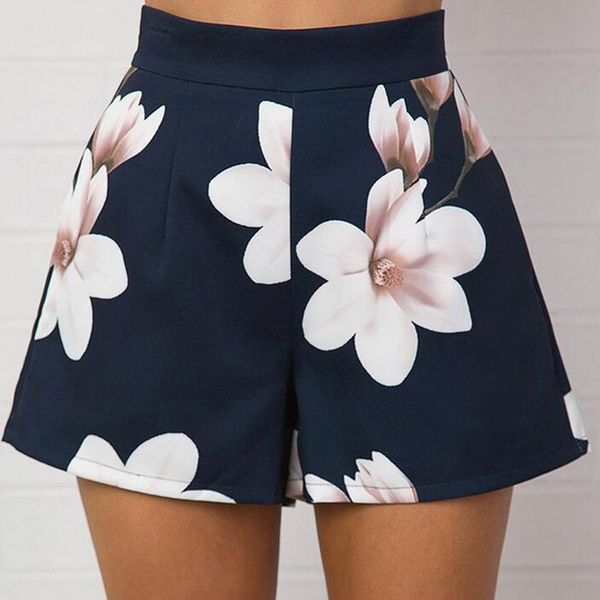 

newly summer women shorts high waist zipped flowers printing girls casual wide leg short trouser shorts mujer #a3, White;black