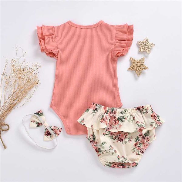

newborn baby girls summer clothes toddler korean baby ribbed ruffle romper+floral bloomer+headband 3pcs child outfit suit, White