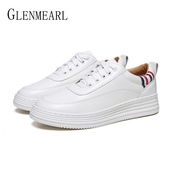 

leather sneakers women flats white shoes platform lace up woman casual shoes thick heels spring autumn female plus size y190704, Black