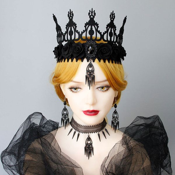 

black flower crown tiara hair jewelry for women gothic female wedding hair accessories ornaments princess queen head jewelry, White;golden
