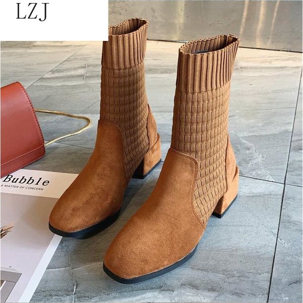 

lzj 2019 women black and mid calf boots fashion winter autumn stretch suede high heel square head boots women shoes sneakers
