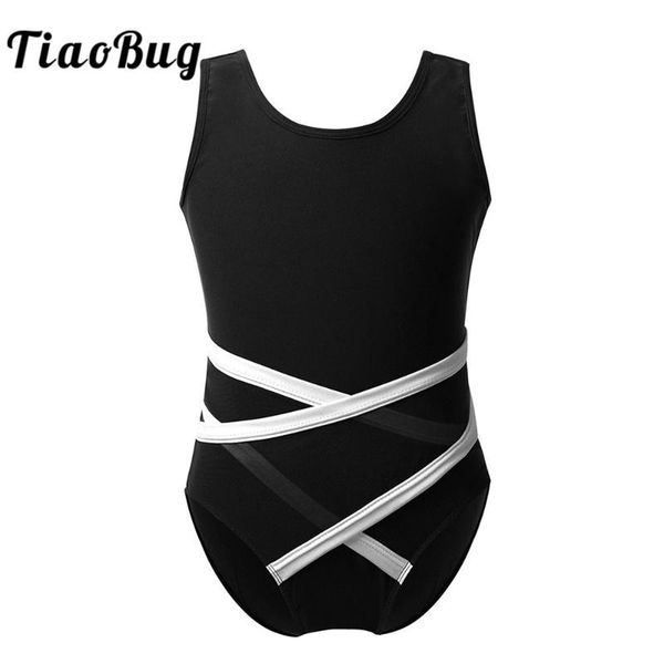 

tiaobug kids sleeveless u-shaped back strappy waist gymnastics leotards girls ballet dancewear stage performance dance costume, Black;red