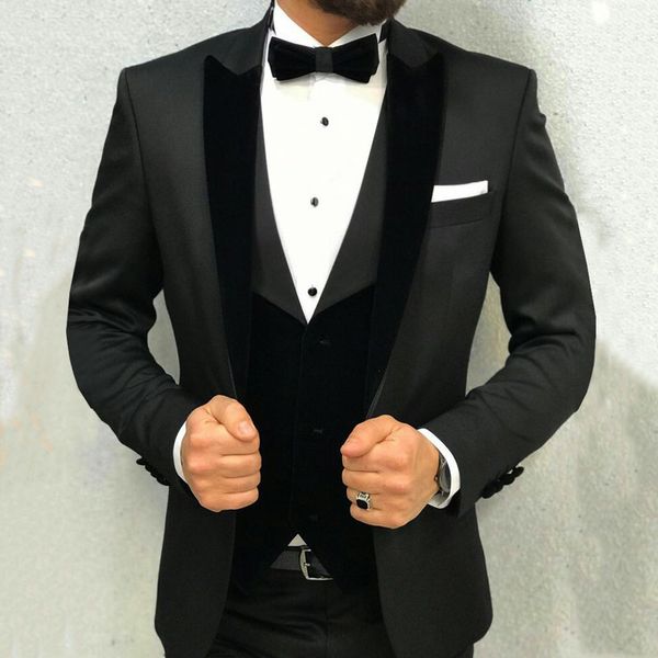 

vintage black velvet peak design wedding suits for men blazer groom tuxedos man outfits 3piece terno masculino classic costume homme, Black;gray