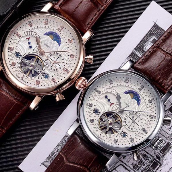 

brand mens watches business mechanical automatic watch luxury genuine leather strap diamond daydate moon phase movement wristwatches for men, Slivery;brown
