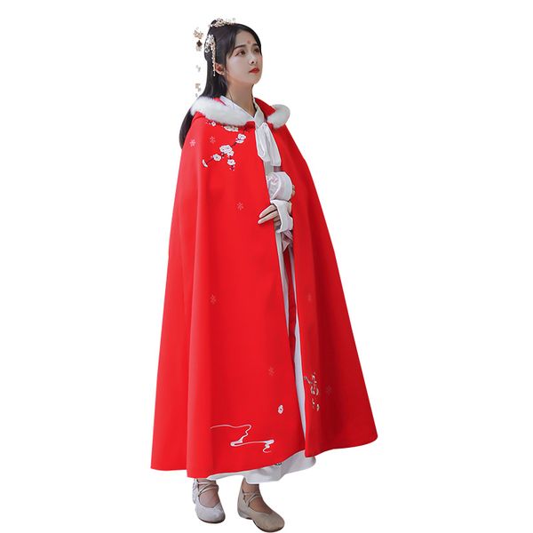 

2020 new winter women blends long coat add wool keep warm antique heavy embroidered cape hanfu coats outerwear red 6614, Black