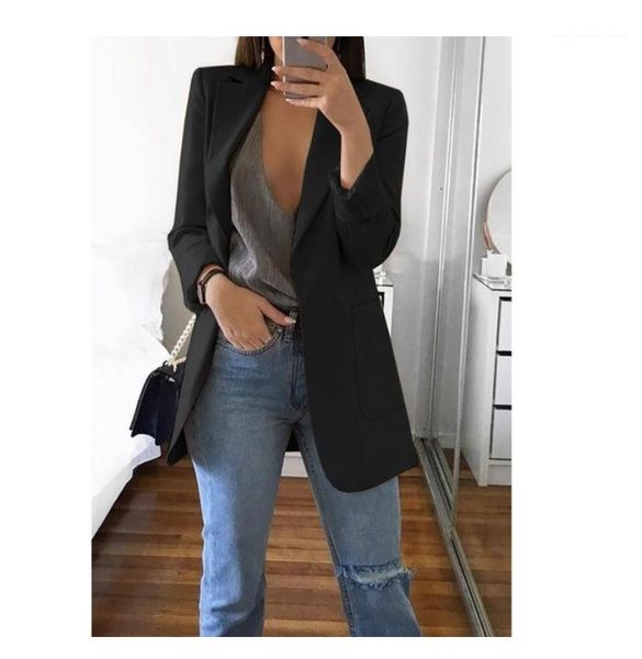 

women casual suit jacket fashion lady office suit black with pockets business notched blazer coat slim blazers autumn, White;black