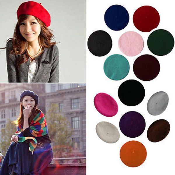 

womens ladies sweet solid warm wool winter beret french artist beanie hat ski casual cap hat headwear, Blue;gray