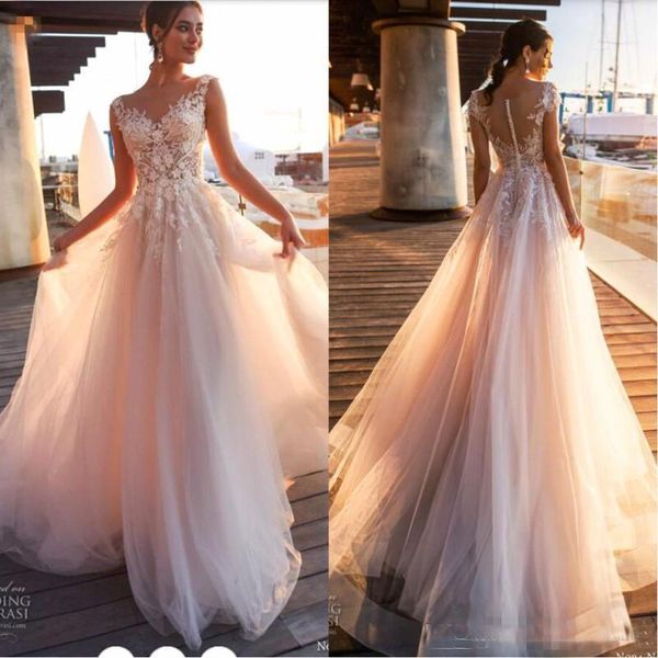 

2019 New Beach Country Wedding Dresses A Line Sheer Scoop Neck Tulle Covered Button Tulle Long Bridal Wedding Gowns