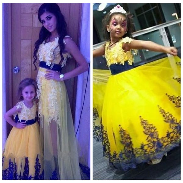 

2019 lace appliques a-line prom dresses yellow good matching mother and daughter evening party gowns flower girls dress custom vestidos, Black