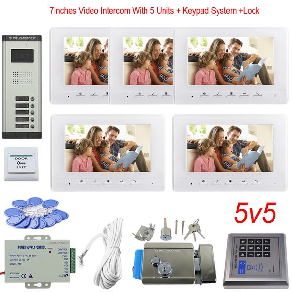 Access Control Keypad 5 Apartments Video Surveillance System Color 7 Indoor Monitor Door Bell Video Electronic Door Lock Unit Camera Door Camera