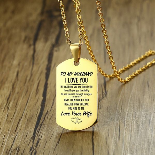 

golden stainless steel husband necklace to my husband dog tag pendant with chain 20 inch engravable gift on birthday anniversary, Silver
