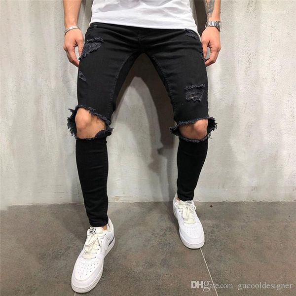 

mans jeans fashion mid waist man pencil pants with pocket casual panelled distrressed male apparel summer designer black, Blue
