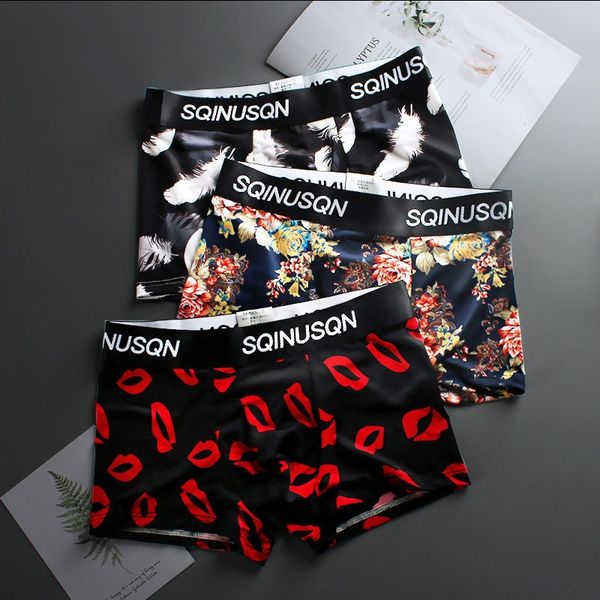 

3-bar ice silk underwear men's fashionable men's boxer pants four-corner breathable short underwear shorts and shorts pants head, Black;white