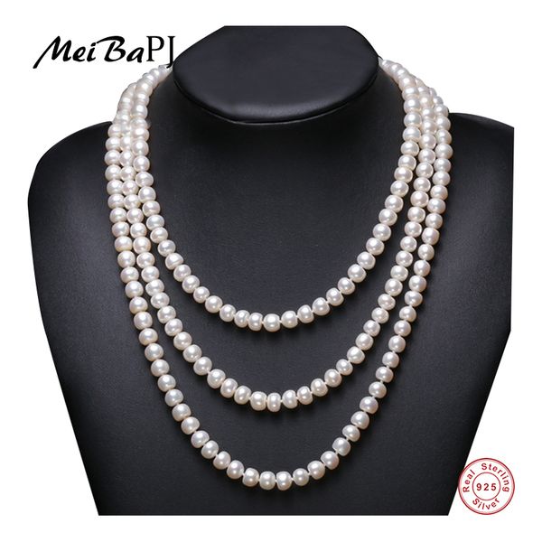 

meibapj] 7-8mm size nice charm real freshwater pearl necklace for women 120cm long sweater chain white fashion jewelry, Silver