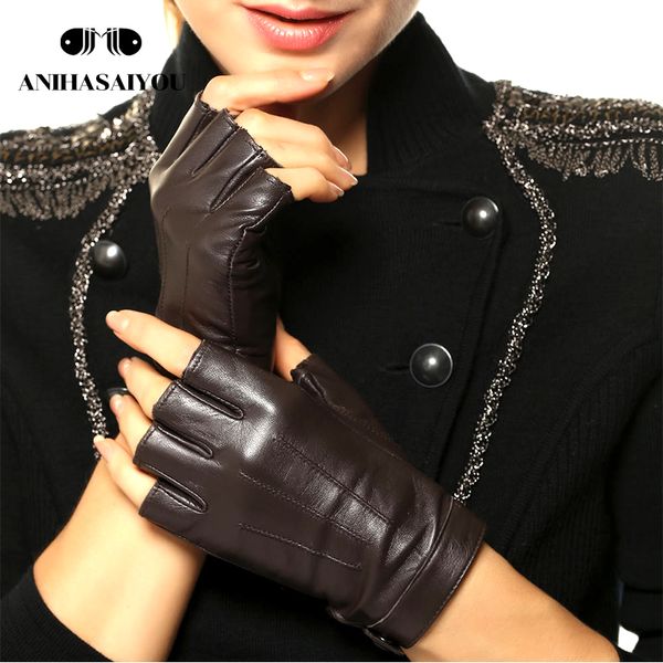

high-grade leather gloves women locomotive street dance simple fashion fingerless gloves sheepskin leather short - l135, Blue;gray