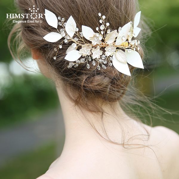 2019 Himstory Vintage Gold Leaf Bridal Hairpins Crystal Pearl Hair