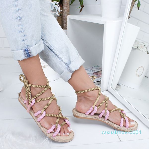 

women's summer beach weaving sandals soft new fashion rope toecross tied shoes contrast color female large footwear, Black