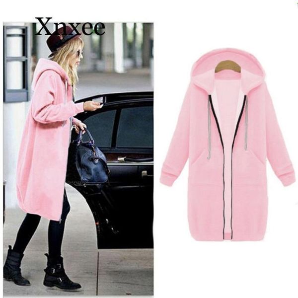 

solid autumn winter coat women fashion casual long jacket with hooded zipper hooded sweatshirt vintage outwear coat plus size, Black