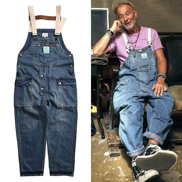 

distressed blue denim overalls men's work cargo pants old school easy chic worker multi-pocket bib trousers men casual dad jeans