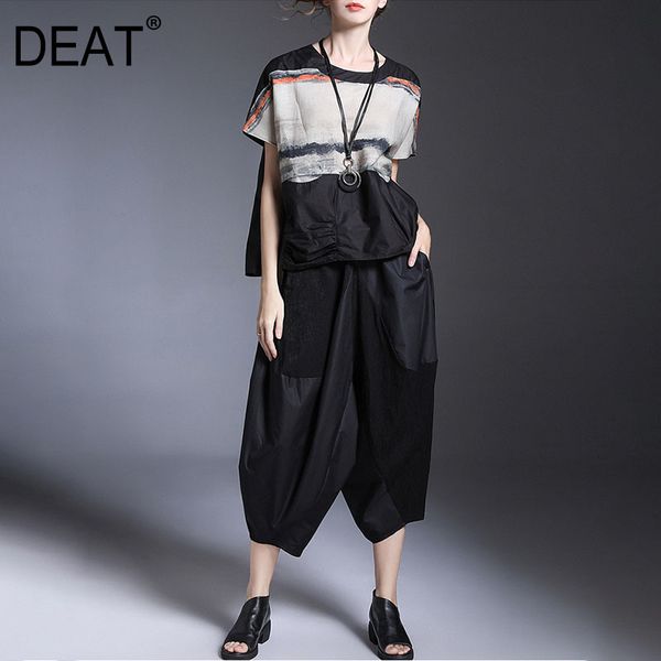 

deat] 2020 loose seven length trousers high elastic waist fit streetwear style simple new summer wide leg pants women's ar492, Black;white